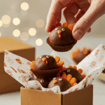 A beautiful gift box being filled with homemade Thanksgiving Turkey Truffles to be given as a hostess gift.