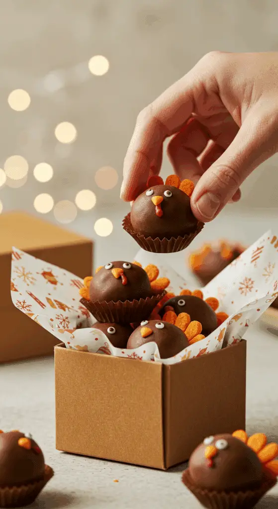 A beautiful gift box being filled with homemade Thanksgiving Turkey Truffles to be given as a hostess gift.