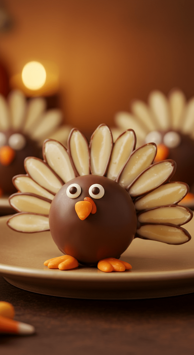 A beautiful platter of three adorable, homemade Thanksgiving Turkey Truffles, decorated to look like turkeys with almond slice tails.