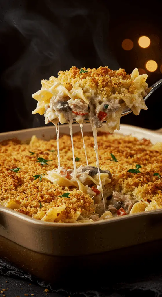 A beautiful, golden-brown homemade Tuna Noodle Casserole in a baking dish with a creamy, chunky scoop removed.