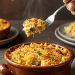 A cozy bowl of homemade, baked Tuna Noodle Casserole with a crispy topping, being served for a family dinner.