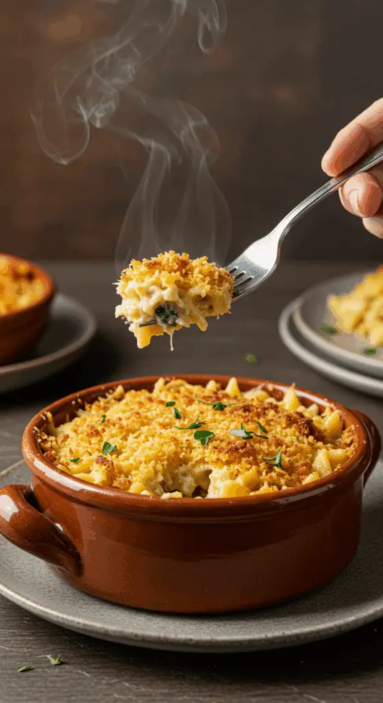 A cozy bowl of homemade, baked Tuna Noodle Casserole with a crispy topping, being served for a family dinner.