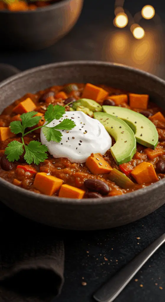 A beautiful, rustic bowl of hearty, homemade Vegetarian Pumpkin Chili, garnished with sour cream, avocado, and cilantro