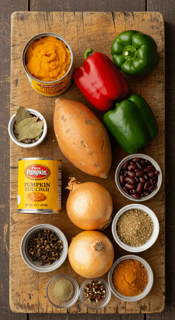 The fresh, wholesome ingredients for the hearty, from-scratch Vegetarian Pumpkin Chili recipe.
