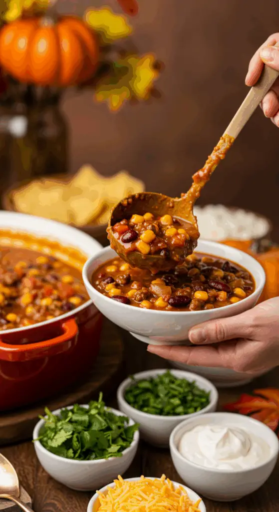 A large pot of homemade Vegetarian Pumpkin Chili being served at a fun fall party with a toppings bar.