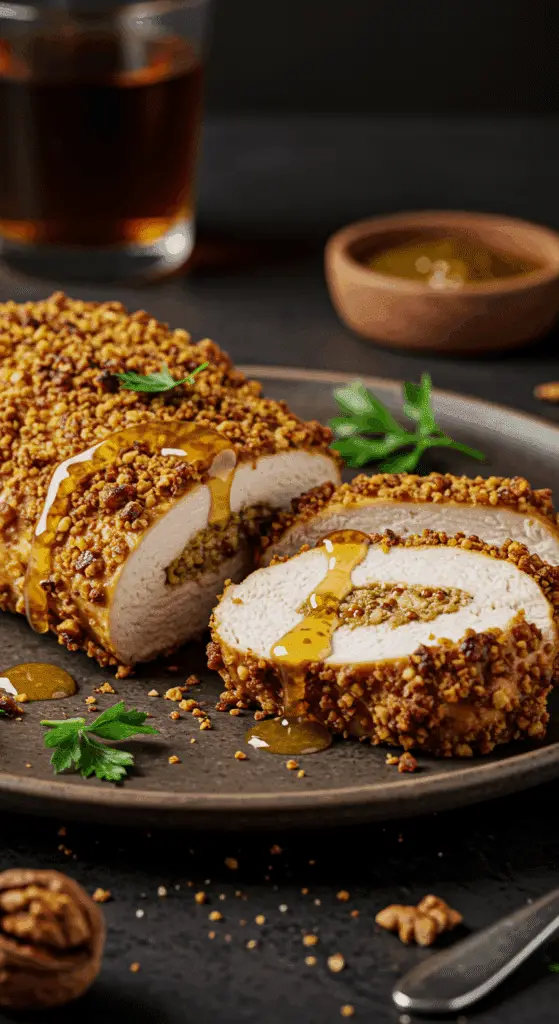 A beautiful, golden-brown, homemade Walnut-Crusted Chicken breast, sliced to show the juicy interior and drizzled with a glaze.