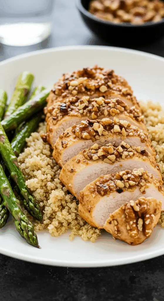 A beautiful plate of homemade Walnut-Crusted Chicken, served over a bed of fluffy quinoa for a healthy meal.