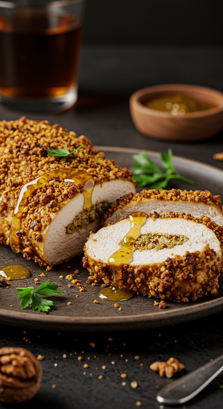 A beautiful, golden-brown, homemade Walnut-Crusted Chicken breast, sliced to show the juicy interior and drizzled with a glaze.