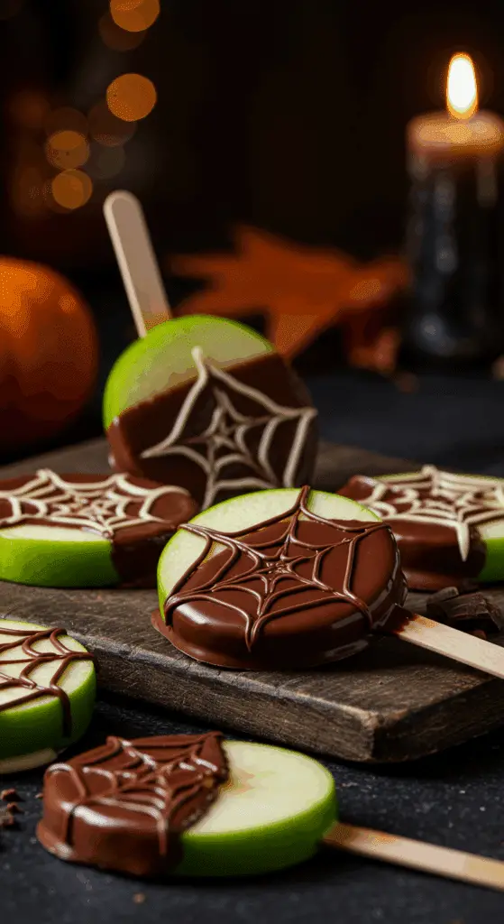 A beautiful, rustic platter of homemade, spooky, and chocolate-covered Apple Spiderweb Pops, with a detailed spiderweb design on each slice.