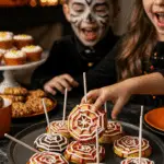 A large platter of homemade, spooky, and colorful Apple Spiderweb Pops being served at a fun and casual Halloween party.