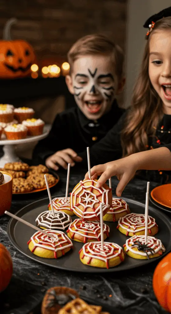 A large platter of homemade, spooky, and colorful Apple Spiderweb Pops being served at a fun and casual Halloween party.