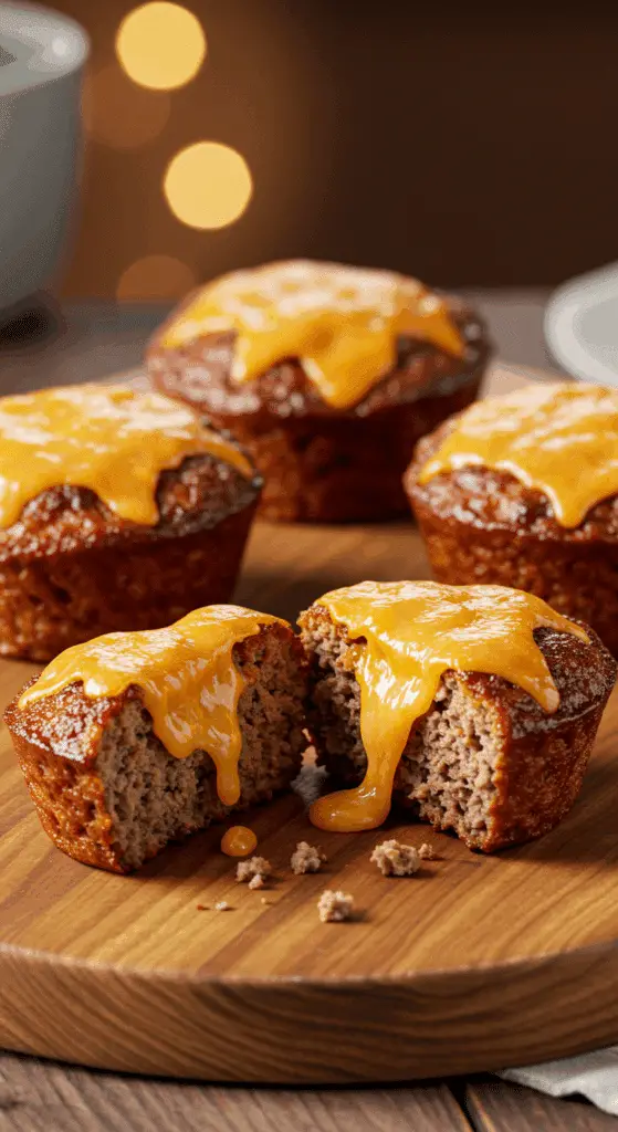 A beautiful, rustic platter of homemade, cheesy BBQ Meatloaf Muffins, with one cut in half to show the moist interior.