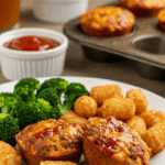 A fun, kid-friendly dinner plate with two homemade, cheesy meatloaf muffins, served with tater tots and broccoli.