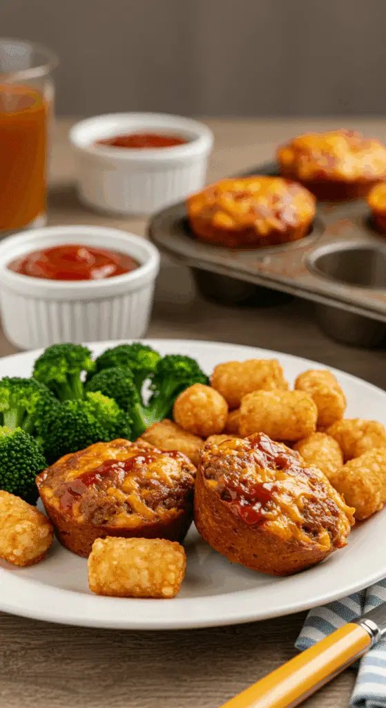 A fun, kid-friendly dinner plate with two homemade, cheesy meatloaf muffins, served with tater tots and broccoli.