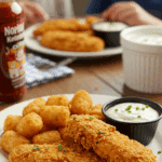 A fun, kid-friendly dinner plate with two homemade, crispy BBQ Chip Chicken Tenders, served with tater tots and a creamy dipping sauce.