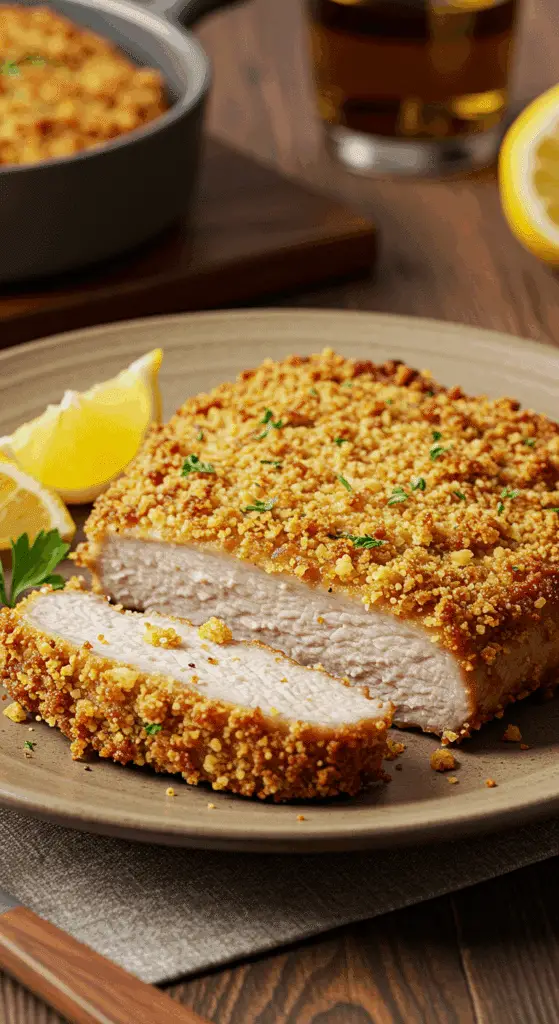 A beautiful, golden-brown, homemade, crispy Baked Breaded Pork Chop, sliced to show the juicy interior.