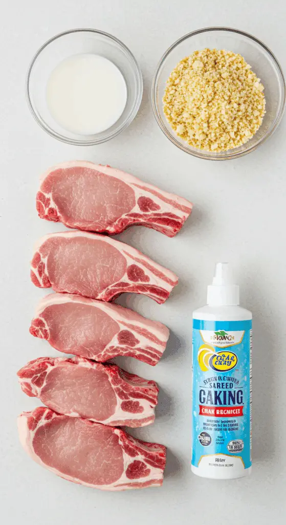 The simple, from-scratch ingredients for the easy and crispy Baked Breaded Pork Chops recipe.