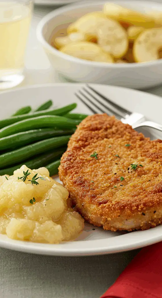 A fun, kid-friendly dinner plate with a homemade, crispy Baked Breaded Pork Chop, served with applesauce and green beans.