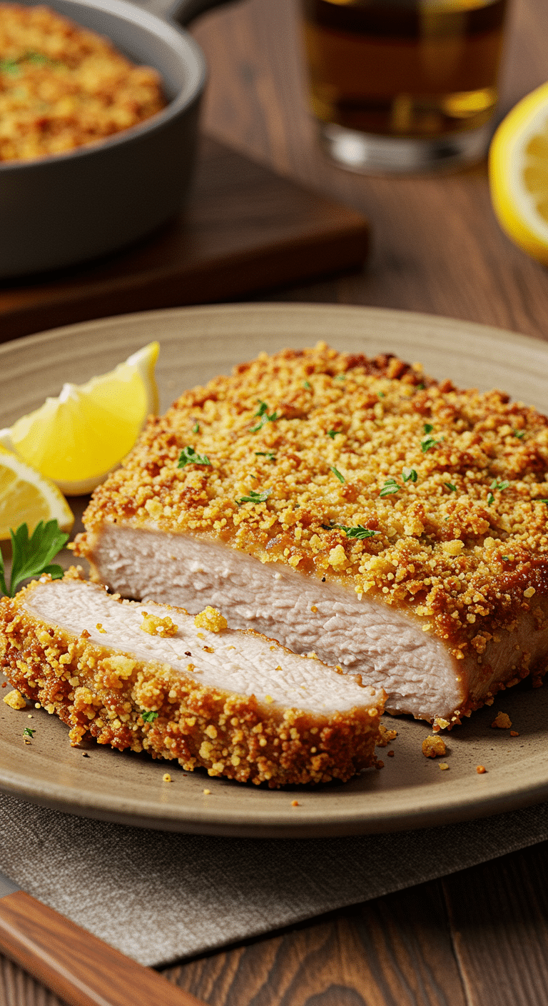 A beautiful, golden-brown, homemade, crispy Baked Breaded Pork Chop, sliced to show the juicy interior.