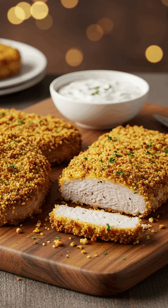A beautiful, rustic platter of homemade, crispy, golden-brown Baked Ranch Pork Chops, with one sliced to show the juicy interior.