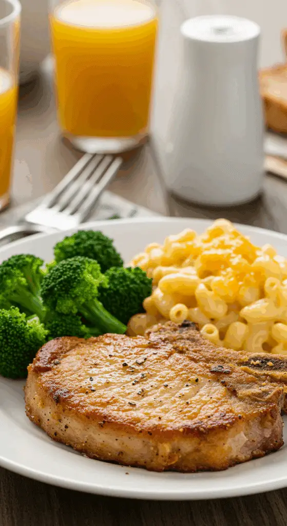 A fun, kid-friendly dinner plate with a homemade, crispy Ranch Pork Chop, served with mac and cheese and broccoli.