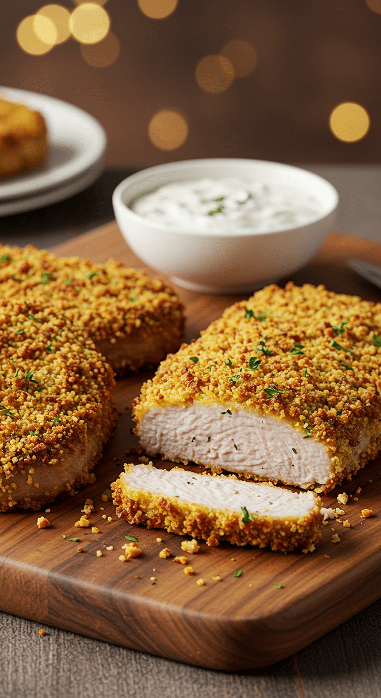 A beautiful, rustic platter of homemade, crispy, golden-brown Baked Ranch Pork Chops, with one sliced to show the juicy interior.
