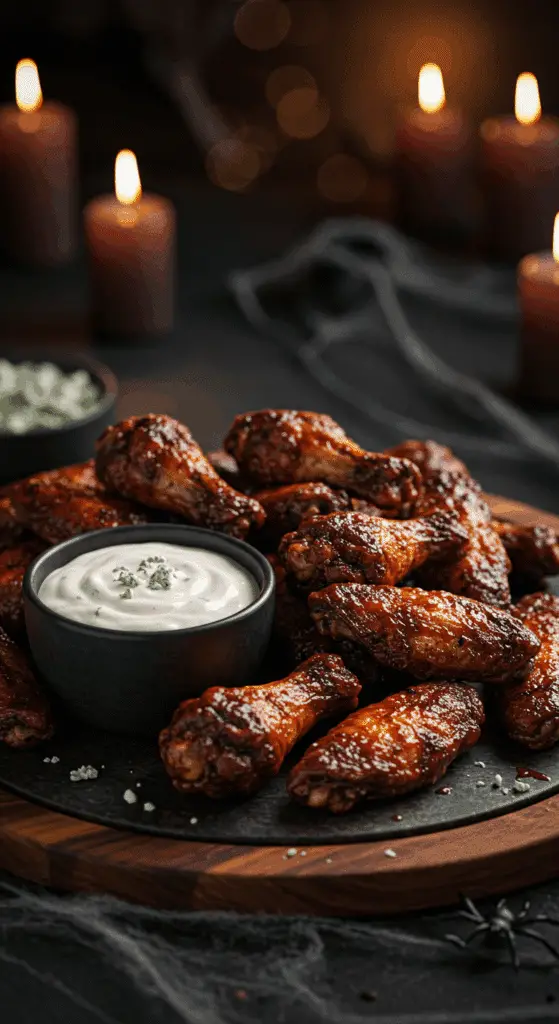 A beautiful, rustic platter of homemade, spicy, and crispy, dark "Bat Wings" (blackened chicken wings), served with a creamy blue cheese dip for a spooky Halloween party.
