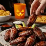 A large platter of homemade, spicy, and dark "Bat Wings" being served at a fun and casual Halloween party.