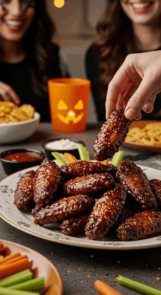 A large platter of homemade, spicy, and dark "Bat Wings" being served at a fun and casual Halloween party.