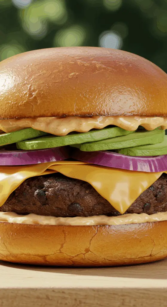 A beautiful, juicy, homemade, grilled Black Bean Burger on a toasted bun, topped with melted cheese, avocado, and red onion.