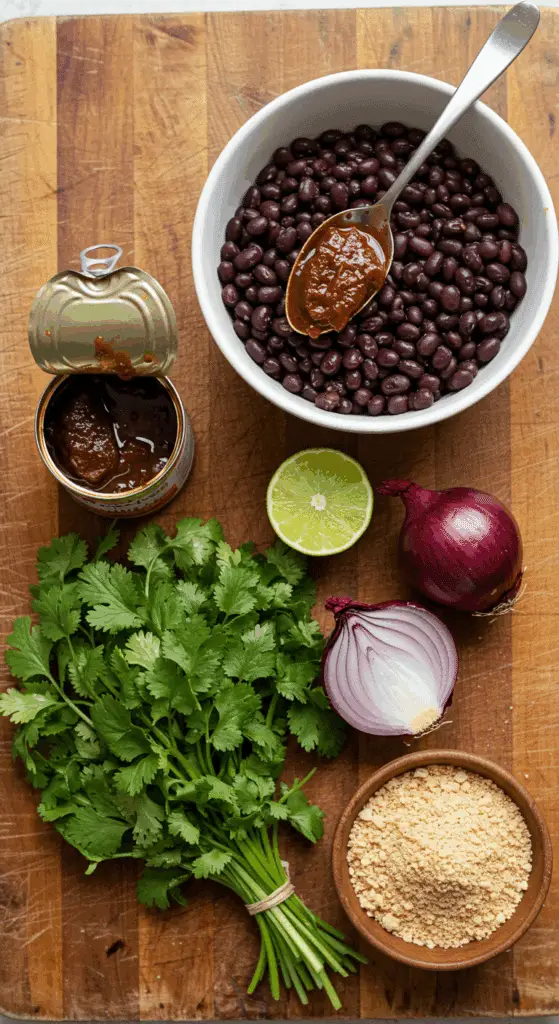 The simple, fresh ingredients for the spicy and healthy from-scratch Black Bean Burger recipe.