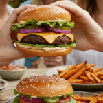 A hand holding a large, delicious, and fully assembled homemade Black Bean Burger at a summer barbecue.