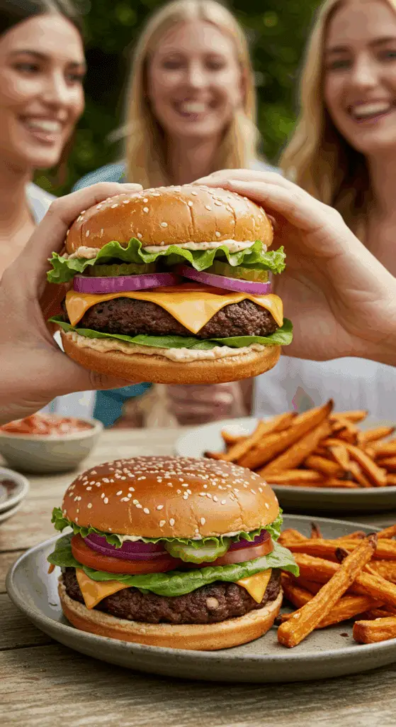 A hand holding a large, delicious, and fully assembled homemade Black Bean Burger at a summer barbecue.