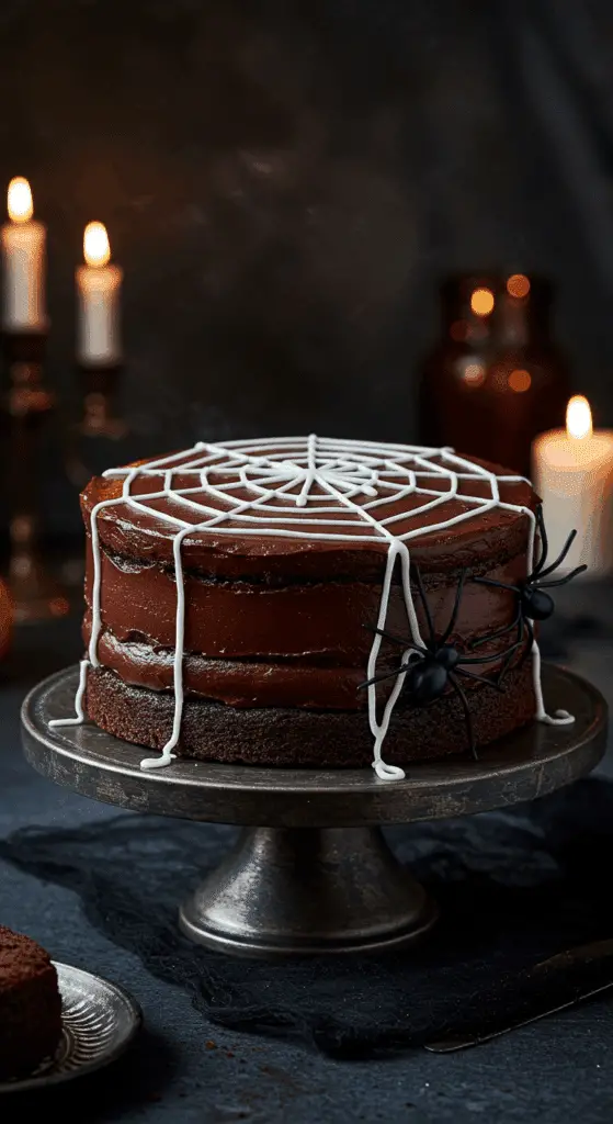 A beautiful, dark, and spooky, homemade "Black Magic" Chocolate Cake, covered in a luscious chocolate frosting and a creepy, white, marshmallow spiderweb.
