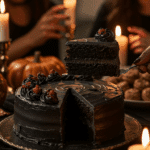 The finished, spooky "Black Magic" Chocolate Cake being served as the centerpiece of a fun Halloween party dessert table.