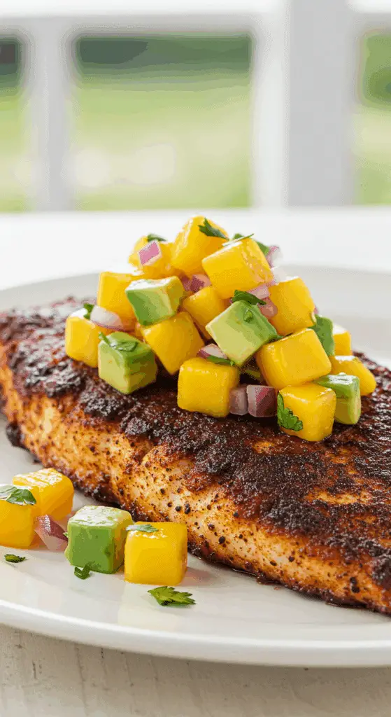 A beautiful, plated serving of homemade, perfectly Blackened Catfish, generously topped with a vibrant, fresh mango avocado salsa.