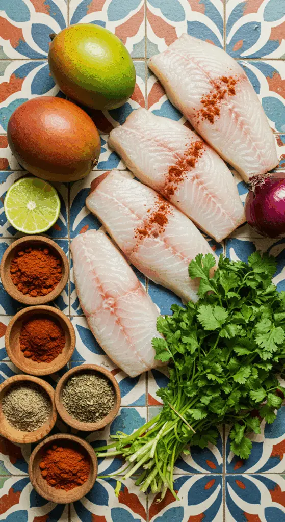 The fresh, from-scratch ingredients for the classic and healthy Blackened Catfish with Mango Avocado Salsa recipe.