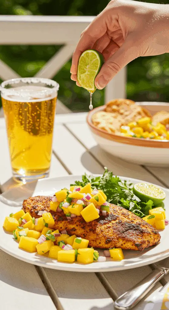 A beautiful plate of homemade Blackened Catfish with Mango Salsa being enjoyed for a healthy lunch on a sunny patio.