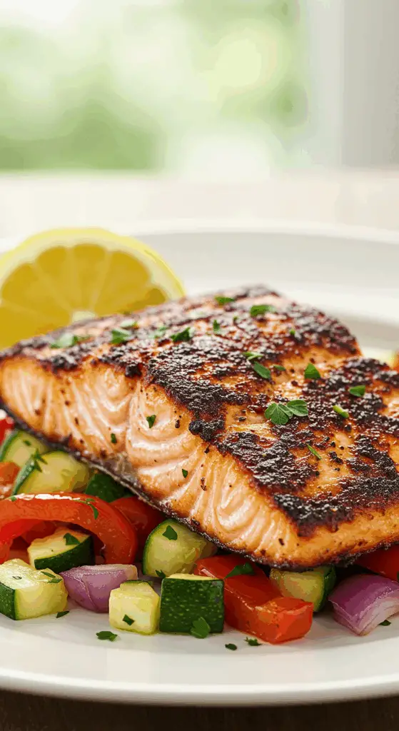 A beautiful, plated serving of a homemade, healthy Blackened Salmon fillet with a dark, crispy crust, served over a bed of colorful roasted vegetables.