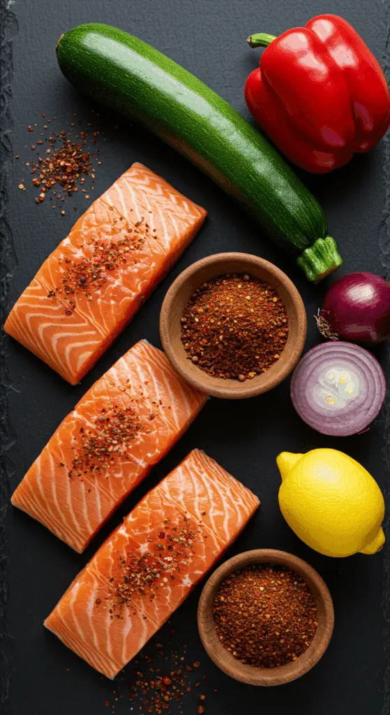 The simple, fresh ingredients for the healthy, from-scratch Blackened Salmon and roasted vegetables recipe.