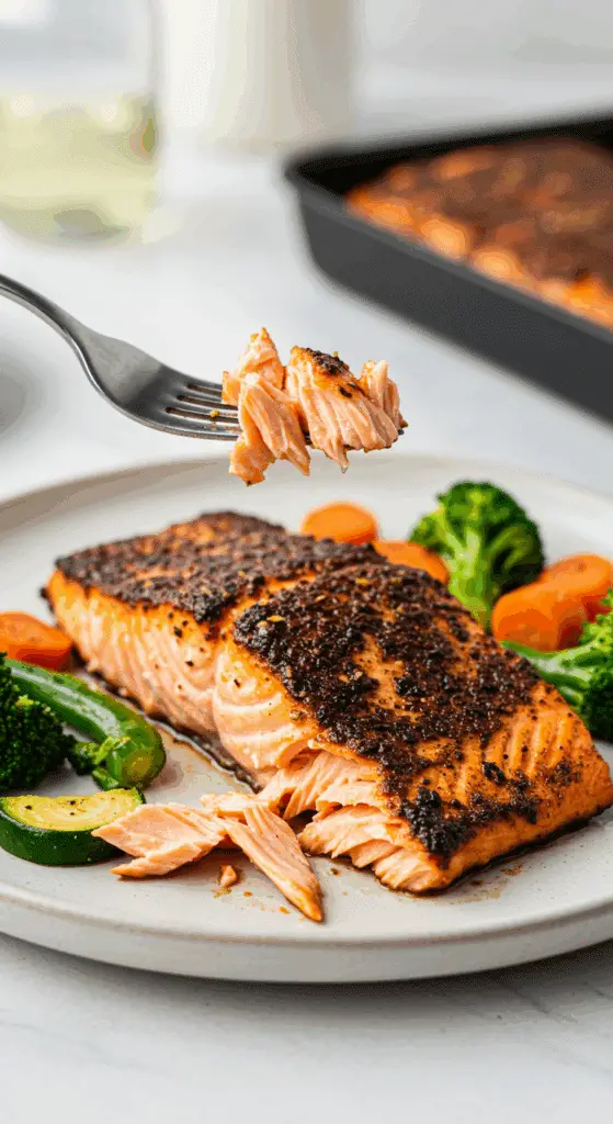 A beautiful plate of homemade, healthy Blackened Salmon with a fork flaking the juicy, pink interior.