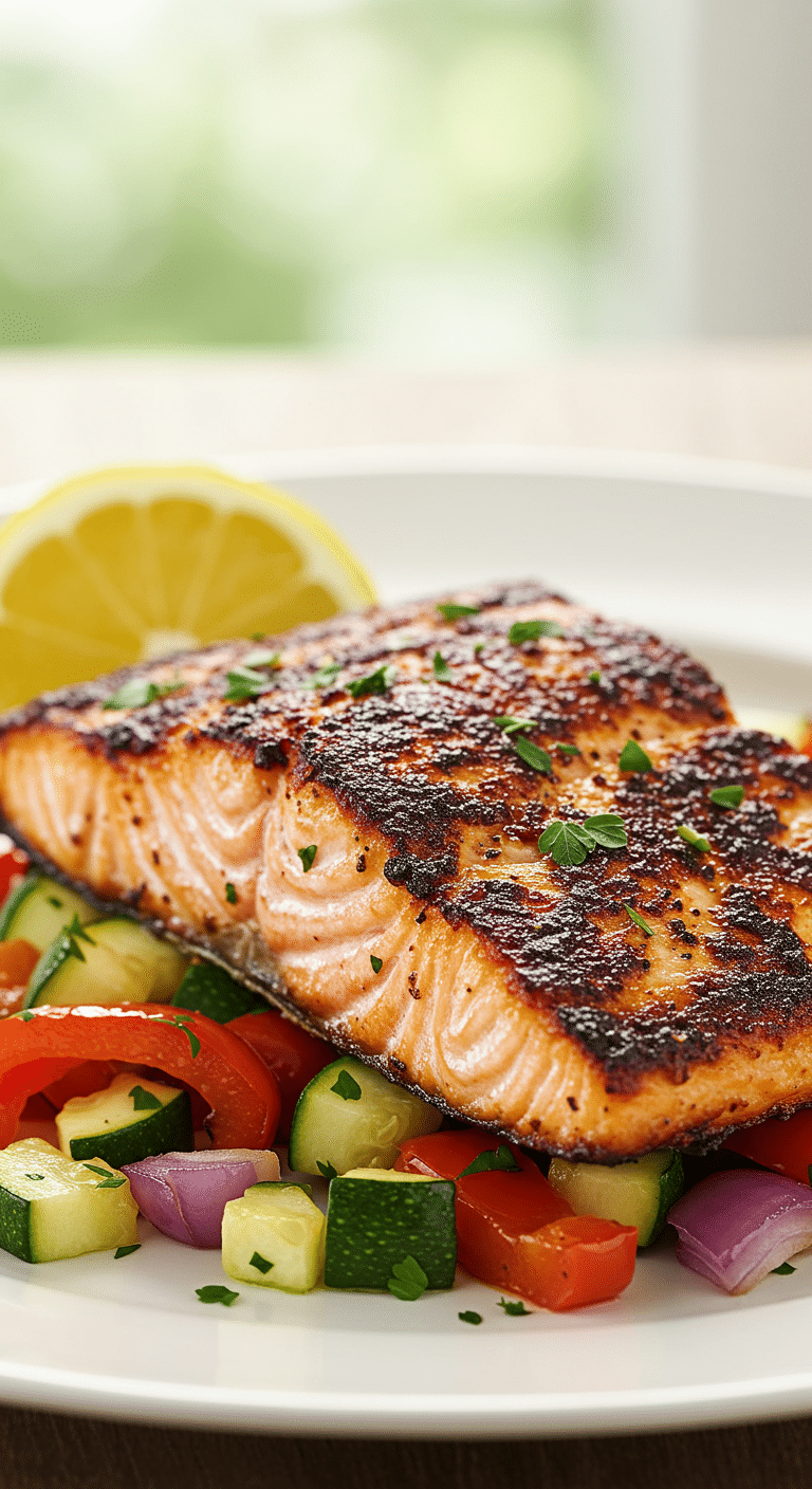 A beautiful, plated serving of a homemade, healthy Blackened Salmon fillet with a dark, crispy crust, served over a bed of colorful roasted vegetables.
