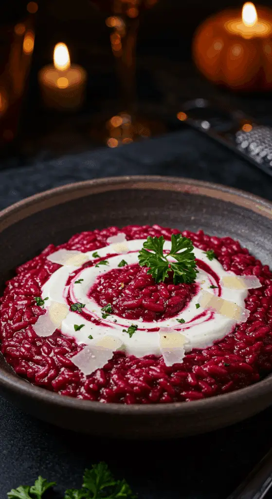 A beautiful, rustic bowl of homemade, creamy, and vibrant, "bloody" red Beet Risotto, garnished with a swirl of creme fraiche for a spooky Halloween dinner.