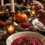 An elegant bowl of homemade, creamy, and vibrant red Beet Risotto being enjoyed at a sophisticated Halloween dinner party.