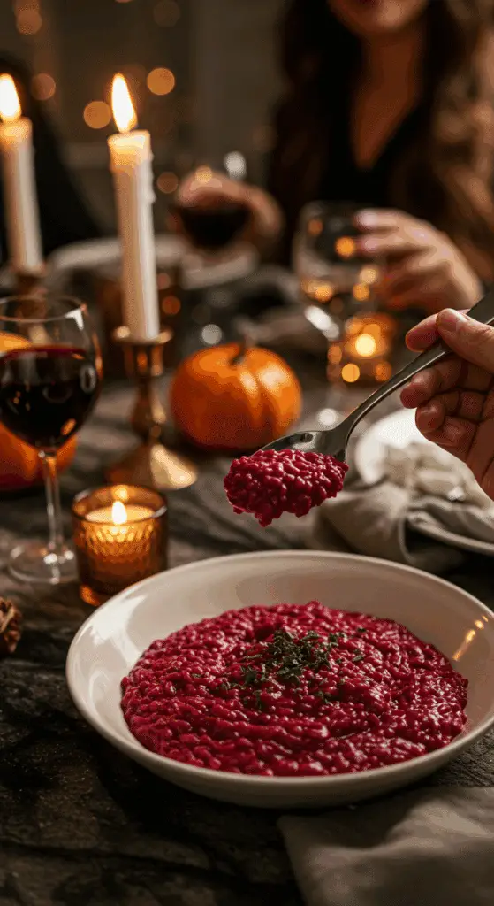An elegant bowl of homemade, creamy, and vibrant red Beet Risotto being enjoyed at a sophisticated Halloween dinner party.