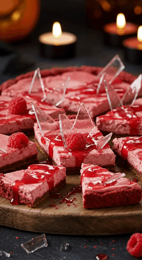 A beautiful, rustic platter of homemade, spooky, and gory "Bloody" Cheesecake Bars, decorated with sharp, edible "broken glass" candy and a "bloody" raspberry sauce.