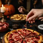 The finished, spooky, and impressive platter of "Bloody" Cheesecake Bars being served at a fun and sophisticated Halloween party.