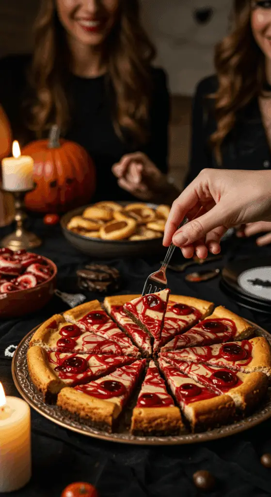 The finished, spooky, and impressive platter of "Bloody" Cheesecake Bars being served at a fun and sophisticated Halloween party.