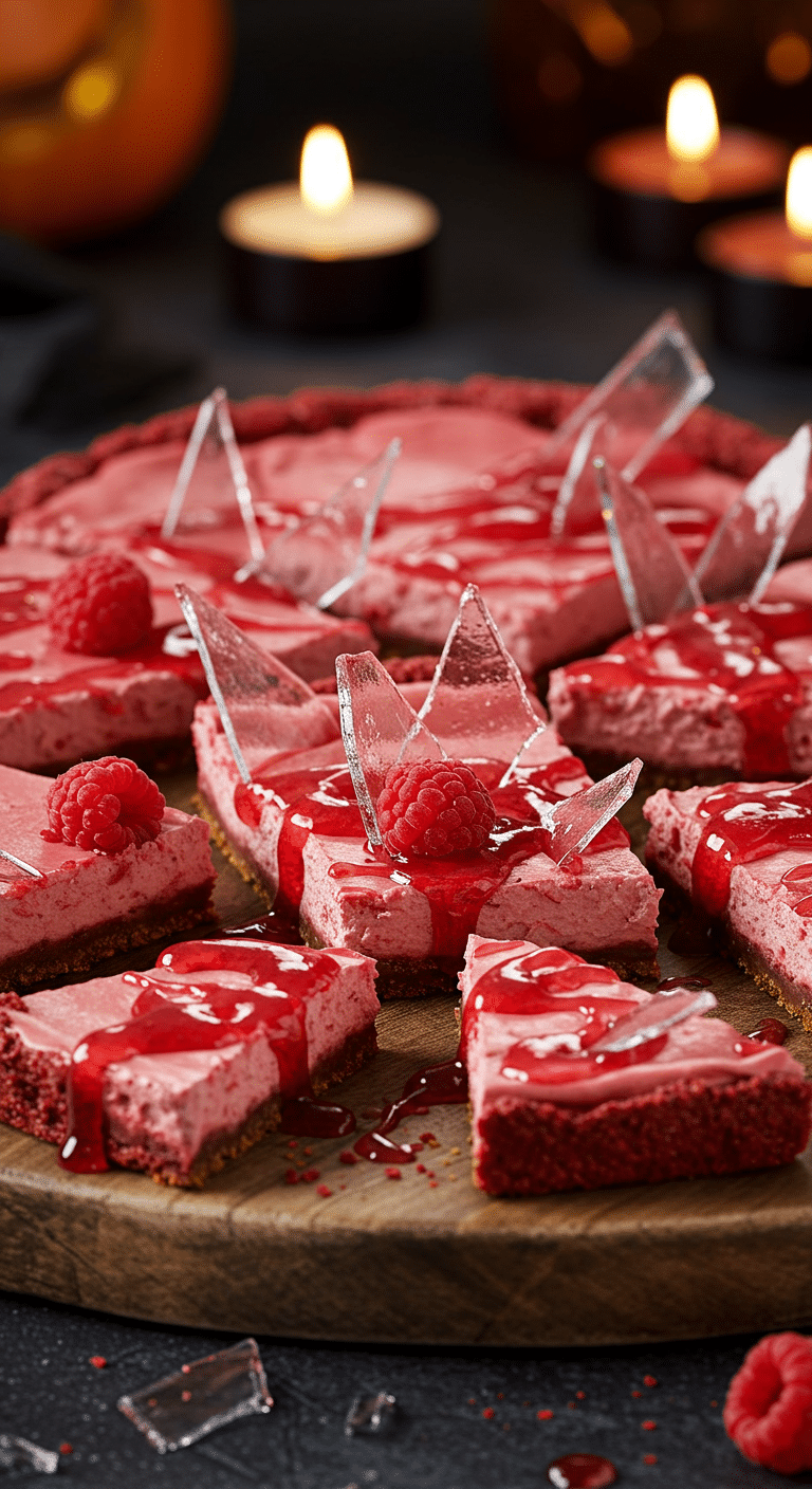 A beautiful, rustic platter of homemade, spooky, and gory "Bloody" Cheesecake Bars, decorated with sharp, edible "broken glass" candy and a "bloody" raspberry sauce.