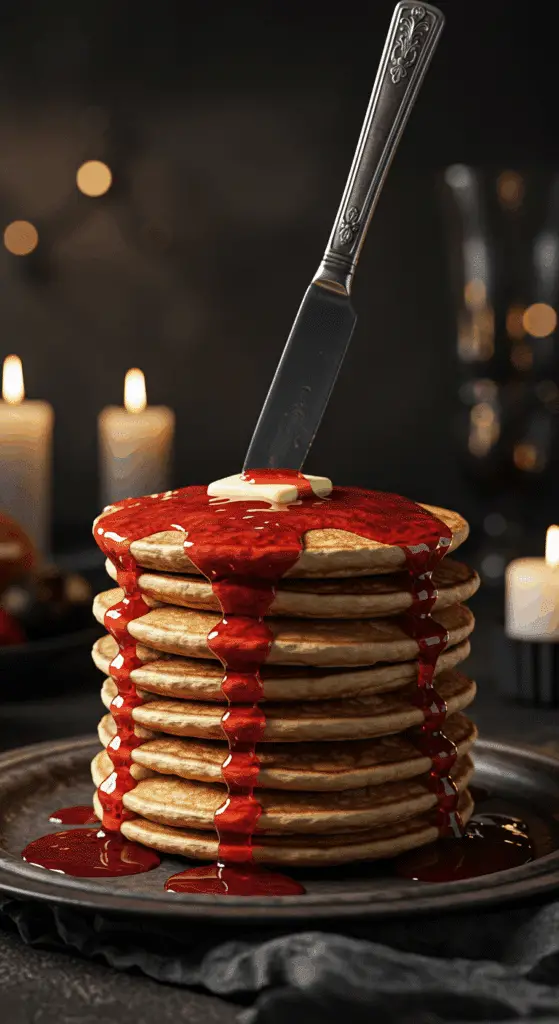 A beautiful, rustic plate with a tall stack of homemade, fluffy "Bloody Pancakes," with a "bloody" red strawberry sauce oozing down the sides and a knife plunged into the top.